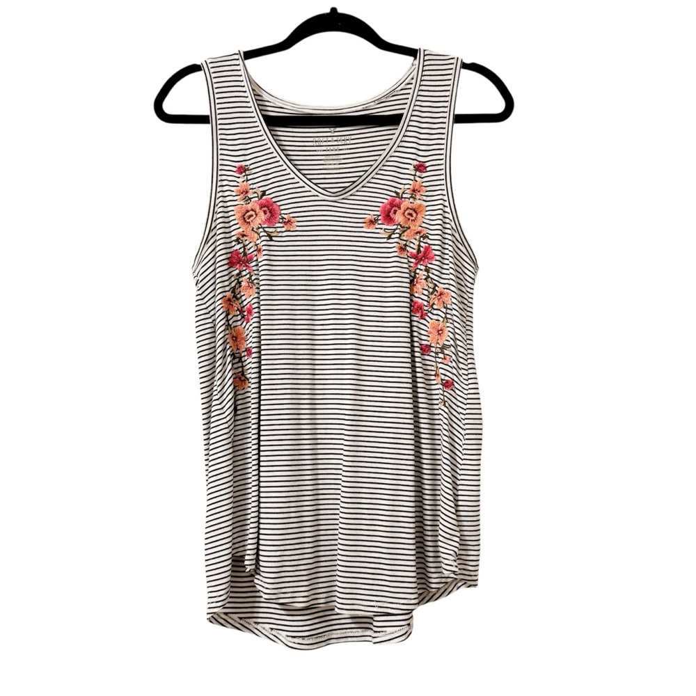 American Eagle Soft & Sexy Striped Floral Embroidered Tank Top Medium